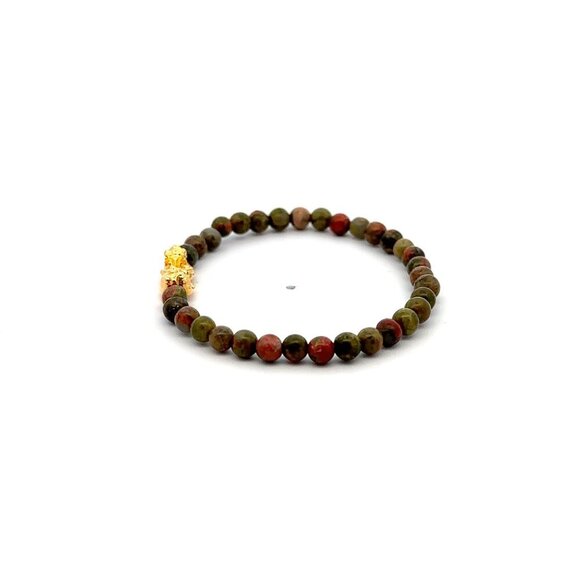 18K Gold Pixiu Piyao Bracelet Gemstone Mini Beads Unakite 4mm - Picture 3 of 5
